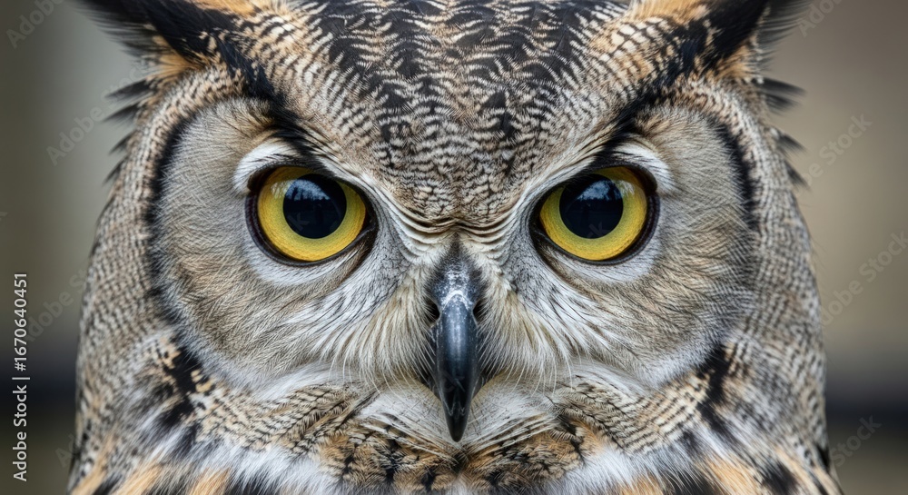 Fototapeta premium Intense Close-Up Portrait of a Great Horned Owl with Piercing Yellow Eyes