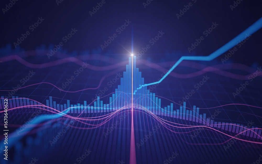 Naklejka premium Futuristic Financial Bar Chart with Upward Trend and Wave Lines finance graph