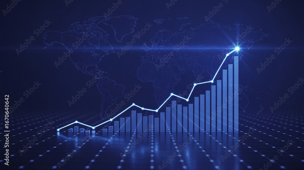Fototapeta premium Global Business Growth Chart with Upward Trend and World Map Background finance graph