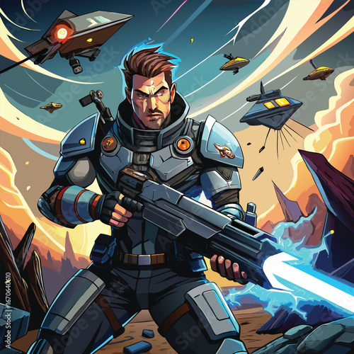 Sci fi soldier with futuristic weapon in alien landscape with spaceships