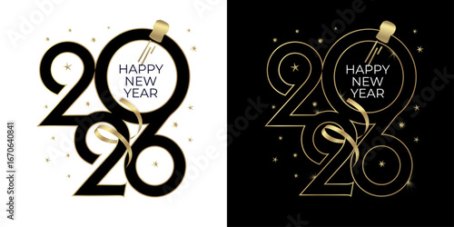 Number 2026 design with black and gold colors. Decorated with streamers and a champagne cork. Elegant style for your New Year's designs. Vector illustration.