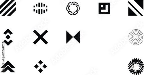 Grid of Twelve Abstract Black-and-White Symbols Arranged in Three Rows and Four Columns, Featuring Geometric Shapes Including Stripes, Ovals, Spirals, Chevrons, Diamonds, Radial Patterns, and Stylized