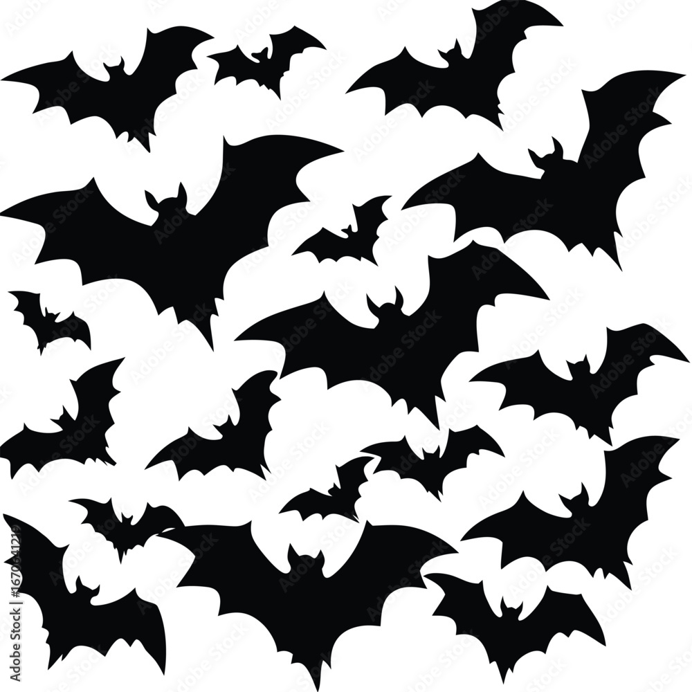 Fototapeta premium Numerous Silhouetted Bats Flying in a Chaotic Pattern on a White Background dark