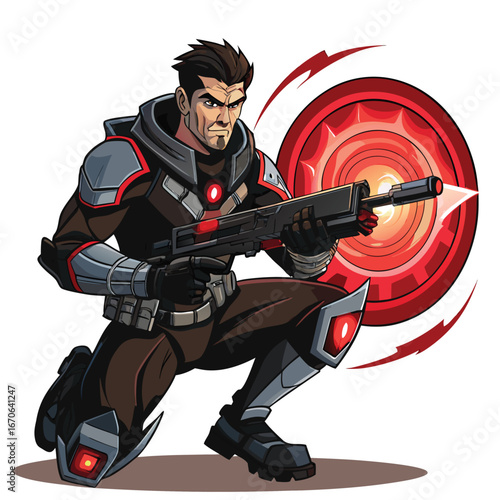 Sci fi soldier in tactical gear aiming a futuristic weapon