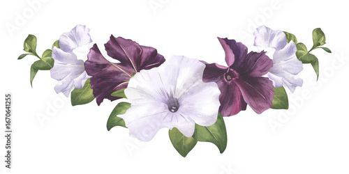 White and purple flower frame watercolor illustration. Black and white petunia bouquet for spring card. Garden flower bud border. Flower clip art. Botanical illustration for floral design