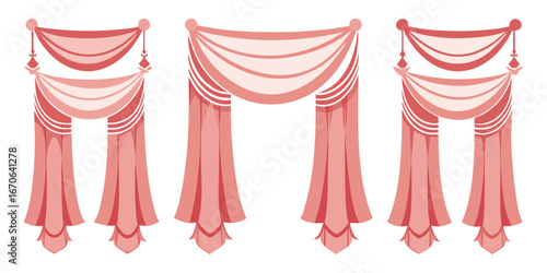 Classic. Curtains. Elegant. A vector illustration set of three luxurious pink window curtains or drapes for an interior design project, a theater stage, or a home decor graphic element.