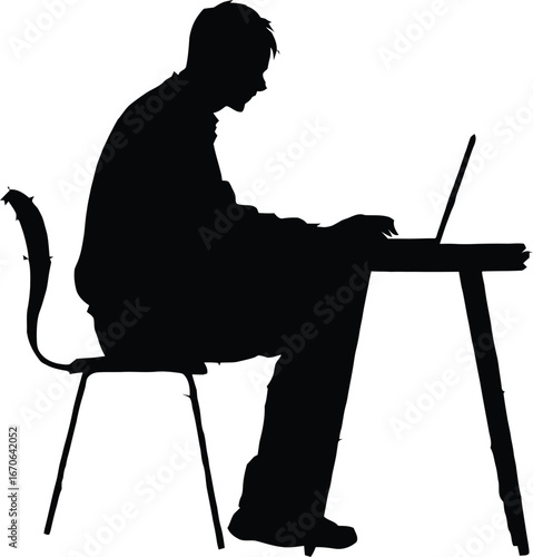 Black Silhouette of Seated Person Working on Laptop at Desk, Depicting Remote Work, Digital Productivity, and Modern Study Posture in Minimalist Style with Simple Chair and Angled-Leg Table