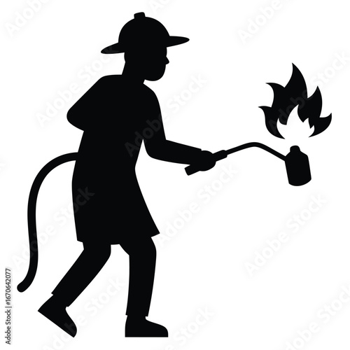 Silhouette of a Firefighter Holding a Blowtorch with Flames on a White Background vector illustration