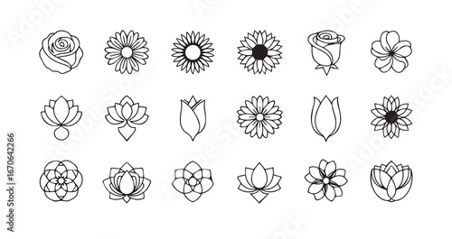 Flower head line art icon bundle illustration