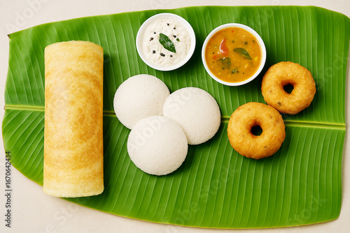 Traditional South Indian snacks, Dosa, idli, medu wada on banana leaf. stock photo