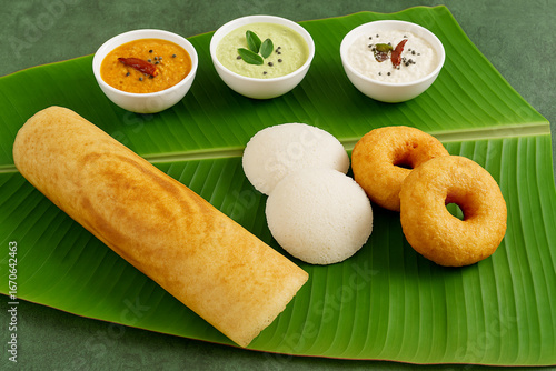 Traditional South Indian snacks, Dosa, idli, medu wada on banana leaf. stock photo