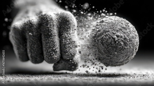 A stylized, colossal fist made of textured rock impacting a surface, sending a powerful explosion of fragmented stone and dust into the air, conveying immense power and impact