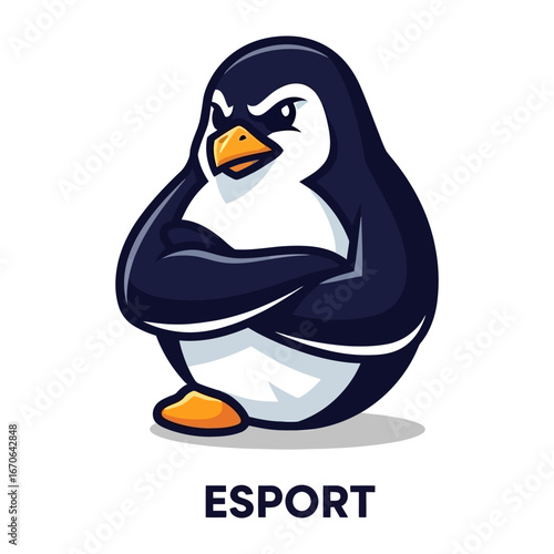 Esport Penguin: A stylized esport penguin embodies the essence of gaming with a determined gaze and crossed arms, the bold design capturing the energy of digital competition.