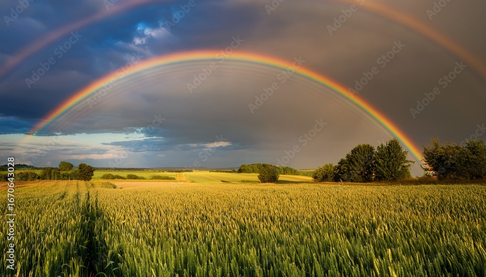 Naklejka premium rainbow arches across a cloudy sky over a rural landscape in the late afternoon creating a serene and picturesque scene