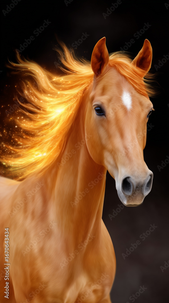 Fototapeta premium A majestic horse with a flowing fiery mane stands poised, embodies strength and grace. A striking representation of power and beauty, highlighted against a dark background.