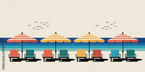 Beach scene with four umbrellas and chairs, ocean view and birds flying in the sky, summer vacation vibe