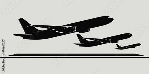 Silhouette illustration of multiple airplanes taking off from a runway on a light gray background