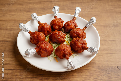 chicken lollipop, served in dish isolated wooden table