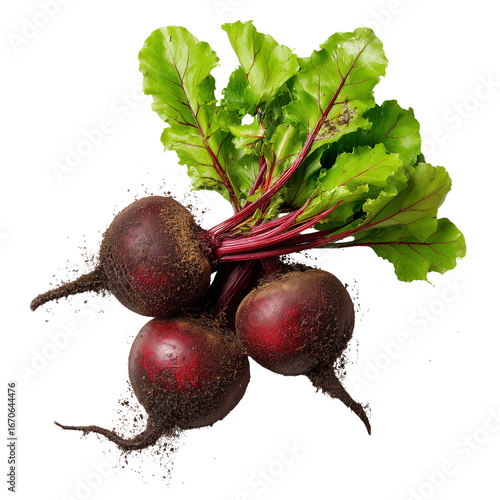 Freshly harvested organic beets with vibrant green tops and earthy soil still attached for healthy eating transparent background