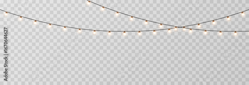 Christmas garland png. Bright Christmas golden lights. Christmas decoration for holiday design.
