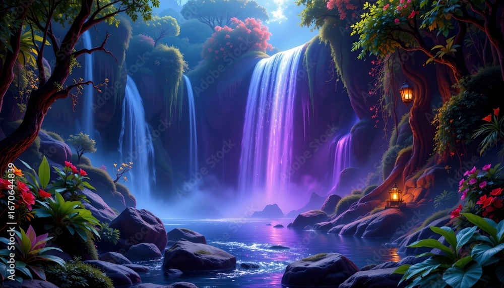 Fototapeta premium a vibrant nighttime scene of a lush forest with a majestic waterfall