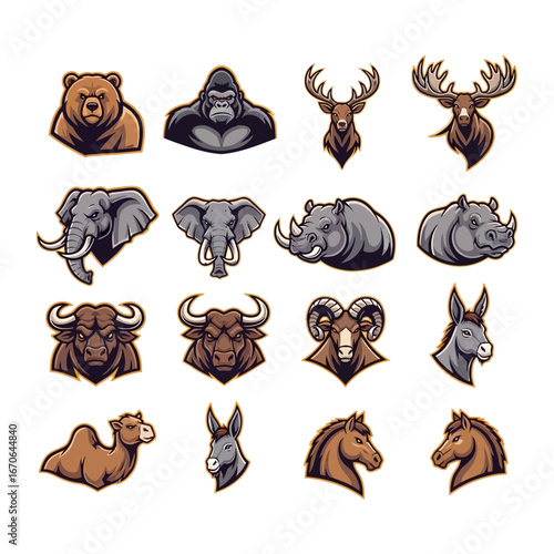 Animal Emblem Collection: A curated collection of animal emblems, from bear to horse, presented in a clean and structured arrangement, perfect for various branding needs. 