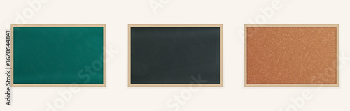 Set of Green Chalkboard, Black Chalkboard, and Cork Bulletin Board.