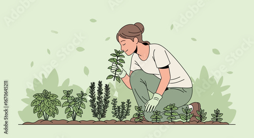 Woman Smelling Fresh Herbs From The Garden Aromatic Harvesting Season Concept