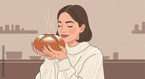 Woman Smelling Freshly Baked Bread Capturing the Essence of Home Baking