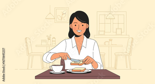 Woman Spreading Butter on Toast at Table In The Breakfast Place