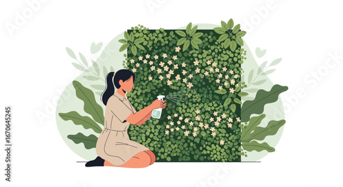 Woman Spraying Water on Vertical Garden Greenery Wall with White Blossoms