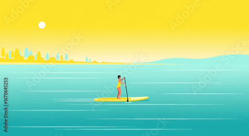 Woman Stand Up Paddleboarding At Sunset With Serene Seaside Landscape