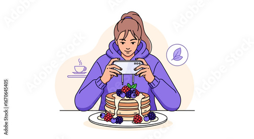 Woman Takes Pictures of Pancakes with Berries for Social Media Profile