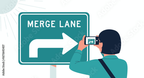 Woman Takes Photo Of Merge Lane Sign Using Mobile Device On Road