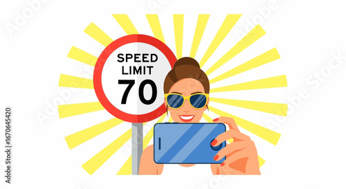 Woman Takes Selfie Near Speed Limit Sign During Road Trip Vacation