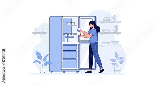 Woman Taking Bottle From Refrigerator For Hydration At Home Illustration