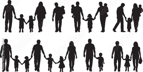 Diverse family silhouettes holding hands and walking together