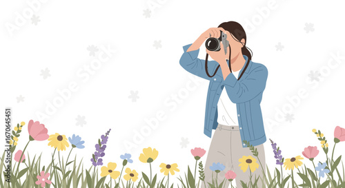 Woman taking photos in a vibrant floral meadow, captures nature's beauty with her camera and enjoys her photography passion