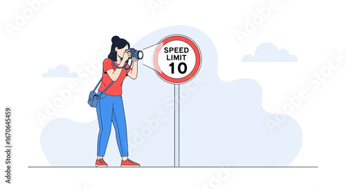 Woman Taking Pictures Of A Speed Limit Sign Illustration Vector Design