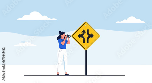 Woman Taking Picture of a Road Sign, Decision Making, Business Choices Concept