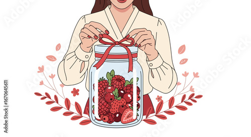 Woman Tying a Ribbon on a Jar Full of Fresh Summer Berries Gift