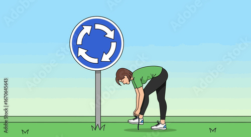 Woman Tying Shoelaces Near Roundabout Sign Preparing For Her Outdoor Exercise