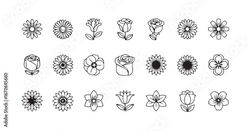 Flower head line art icon bundle illustration