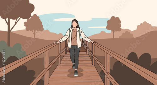 Woman Walking On A Wooden Bridge In Nature With Relaxing View