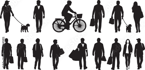 Collection of diverse people and a cyclist in silhouette against a white background
