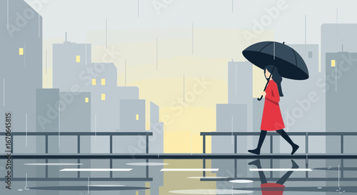 Woman Walking Under Umbrella In City On A Rainy Day Illustration