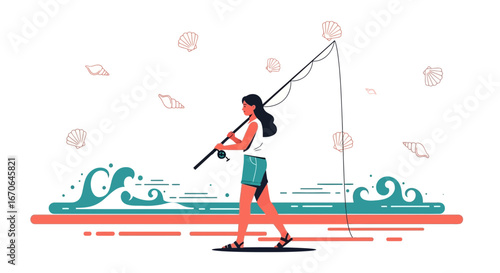 Woman Walking On The Beach With A Fishing Rod During Summer Time