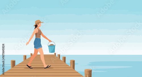 Woman Walking On Wooden Pier Carrying A Bucket During Summer Vacation