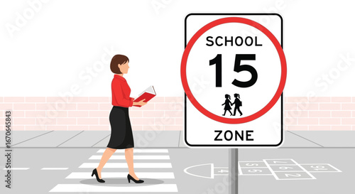 Woman Walks Across Crosswalk Near School Zone Sign Wearing Red Shirt