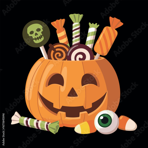 Halloween Pumpkin with a Variety of Candies Halloween Candy on Black Background
